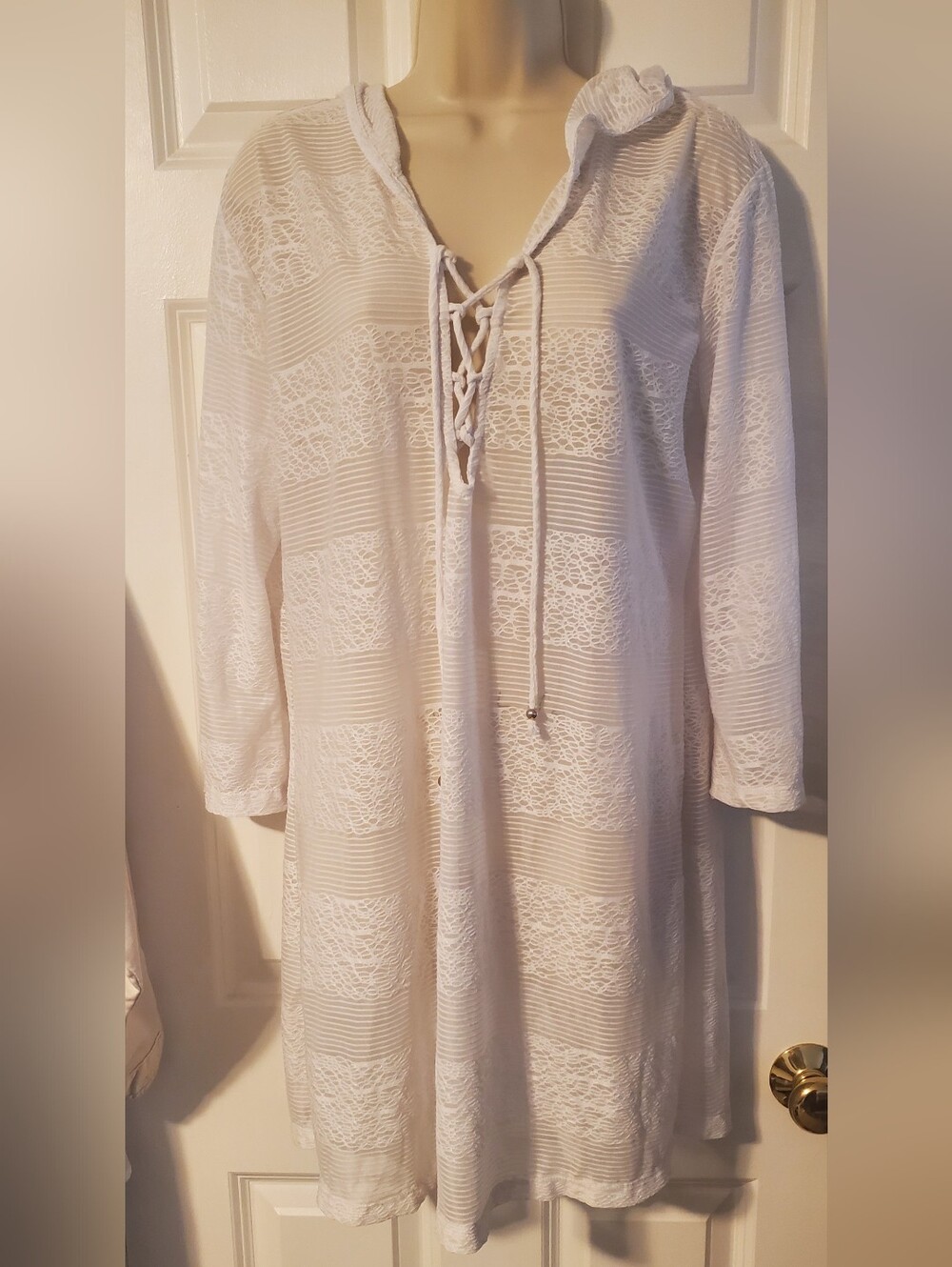 White Criss Cross Swim Cover Up With Hood